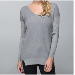 Lululemon Yin Time Waffle Cashmere Sweater 10 Gray V Neck Ribbed Knit